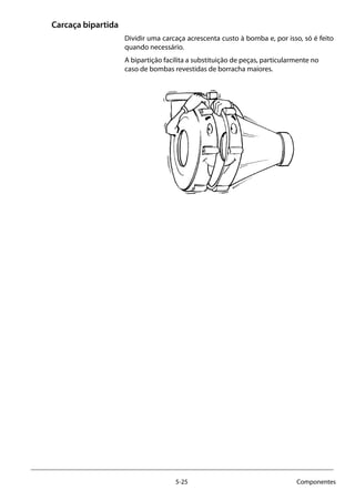 5-25 Componentes
Carcaça bipartida
Dividir uma carcaça acrescenta custo à bomba e, por isso, só é feito
quando necessário.
A bipartição facilita a substituição de peças, particularmente no
caso de bombas revestidas de borracha maiores.
		
 