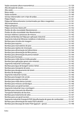 Índice
Vazão constante (altura manométrica)..........................................................................................15-139
Alta elevação da sucção.......................................................................................................................15-139
Alta vazão..................................................................................................................................................15-140
Baixa vazão...............................................................................................................................................15-140
Vazão oscilante........................................................................................................................................15-140
Serviço relacionados com o tipo de polpa....................................................................................15-141
Polpas frágeis...........................................................................................................................................15-141
Polpas de hidrocarbonetos (contaminados por óleo e reagentes)......................................15-141
Alta temperatura....................................................................................................................................15-141
Polpas perigosas.....................................................................................................................................15-141
Polpas corrosivas (baixo pH)..............................................................................................................15-142
Fluídos de alta viscosidade (Newtonianos)..................................................................................15-142
Fluídos de alta viscosidade (não-Newtonianos).........................................................................15-142
Serviços relativos a processos de mistura.....................................................................................15-142
Seleção de Bombas de Polpa por aplicação industrial.............................................................15-143
Segmento industrial: Minerais metálicos e industriais.............................................................15-143
Bombas para circuitos de moagem.................................................................................................15-143
Bombas para espuma...........................................................................................................................15-143
Bombas para reservatórios de piso.................................................................................................15-144
Bombas para rejeitos de mineração................................................................................................15-144
Bombas para alimentação de hidrociclone..................................................................................15-144
Bombas para alimentação de filtro prensa...................................................................................15-144
Bombas para alimentação de prensa tubular..............................................................................15-144
Bombas para lixiviação.........................................................................................................................15-145
Bombas para mídia densa (mídia pesada)....................................................................................15-145
Bombas para aplicações gerais com minerais.............................................................................15-145
Segmento industrial: Construção.....................................................................................................15-145
Bombas para água de lavagem (areia e brita).............................................................................15-145
Bombas para transporte de areia.....................................................................................................15-145
Bombas para desaguamento de túneis.........................................................................................15-146
Bombas de drenagem..........................................................................................................................15-146
Segmento industrial: Carvão..............................................................................................................15-146
Bombas para lavagem de carvão.....................................................................................................15-146
Bombas para espuma (carvão)..........................................................................................................15-146
Bombas para mídia densa (carvão)..................................................................................................15-146
Bombas para misturas carvão/água................................................................................................15-146
Bombas para uso geral (carvão)........................................................................................................15-147
Segmento industrial: Lixo e reciclagem.........................................................................................15-147
Bombas para manuseio de efluentes..............................................................................................15-147
Transporte hidráulico de lixo leve....................................................................................................15-147
Bombas para tratamento de solos...................................................................................................15-147
Bombas para uso geral (carvão)........................................................................................................15-147
Segmento industrial: Energia & FGD (desulfurização de gases de combustão)..............15-147
Bombas para alimentação de reator FGD (calcário)..................................................................15-147
Bombas para descarga de reator FGD (gypsum - gesso).........................................................15-148
 