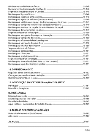 Índice
Bombeamento de cinzas de fundo..................................................................................................15-148
Bombeamento de cinzas volantes (fly ash)..................................................................................15-148
Segmentos industriais: Papel & Celulose.......................................................................................15-148
Bombas para liquores/licores............................................................................................................15-148
Bombas para calcário e lama cáustica............................................................................................15-148
Bombas para rejeito de celulose (contendo areia)....................................................................15-149
Bombas para sólidos provenientes de descascamentos de árvores...................................15-149
Bombas para transporte hidráulico de cavacos de madeiras................................................15-149
Bombas para extensor de papel e de revestimentos de papel.............................................15-149
Bombas para derramamentos em pisos........................................................................................15-149
Segmento industrial: Metalúrgico....................................................................................................15-150
Bombas para transporte de carepa de siderurgia......................................................................15-150
Bombas para transporte de escória.................................................................................................15-150
Bombas para efluentes de lavadora de gases .............................................................................15-150
Bombas para transporte de pó de ferro ........................................................................................15-150
Bombas para limalhas de usinagem...............................................................................................15-150
Segmento industrial: Químico...........................................................................................................15-151
Bombas para polpas ácidas................................................................................................................15-151
Bombas para salmouras.......................................................................................................................15-151
Bombas para produtos cáusticos.....................................................................................................15-151
Segmento industrial: Mineração.......................................................................................................15-151
Bombas para aterros hidráulicos (com ou sem cimento)........................................................15-151
Bombas para água de mina (com sólidos)....................................................................................15-151
16. DIMENSIONAMENTO
Os passos para o dimensionamento...............................................................................................16-153
Checagem para verificação de cavitação......................................................................................16-159
O dimensionamento em resumo.....................................................................................................16-159
17. INTRODUÇÃO AO SOFTWARE PumpDim™ DA METSO
Introdução................................................................................................................................................17-161
Formulário de registro..........................................................................................................................17-162
I8. MISCELÂNEAS
Fatores de conversão............................................................................................................................18-165
Escala de padrão de tela (Tyler)........................................................................................................18-166
Densidade de sólidos............................................................................................................................18-167
Água e sólidos - dados sobre densidade de polpa....................................................................18-169
19. TABELAS DE RESISTÊNCIA QUÍMICA
Materiais elastoméricos (elastômeros)...........................................................................................19-185
Alto cromo................................................................................................................................................19-187
20. NOTAS...............................................................................................................................................20-191
 