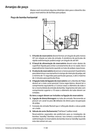 11-84Sistemas de bombas de polpa
Arranjos de poço
Abaixo você encontrará algumas diretrizes úteis para o desenho dos
poços reservatórios de bombas para polpas:
Poço de bomba horizontal
	
1. 	 O fundo do reservatório deverá formar um ângulo de pelo menos
45º em relação ao tubo de entrada. A existência de partículas de
rápida sedimentação poderá exigir um ângulo de até 60º.
2. 	O bocal de alimentação do reservatório deverá estar abaixo da
superfície líquida para evitar o arrastamento de ar no vazão. Isto é
especialmente importante quando se trata de polpas espumosas.
3. 	 Ovolumedoreservatóriodeveráseromenorpossível.Oparâmetro
paradeterminaroseutamanhoéotempoderetençãodapolpa;até
o mínimo de 15 segundos para partículas grossas, e até o máximo
de 2 minutos para partículas finas.
4. 	 Aligação(tubodeligação)doreservatório com a Bomba de Polpa
deverá ser a mais curta possível. Como regra básica, deverá ter o
comprimento equivalente a 5 (cinco) vezes o diâmetro do tubo e
ter a mesma bitola da entrada da bomba. Segmentos de tubo com
comprimento superior a 10 vezes o diâmetro do tubo devem ser
evitados.
Os itens a seguir devem ser incluídos na ligação do reservatório:
5. 	 Ligação de dreno/drenagem no tubo de entrada. Recomenda-se
possuir um canal no piso (6) debaixo do dreno para recuperação
de polpa.
7. 	 Conexão de entrada flexível que é reforçada desde a vácuo pode
ser criada.
8. 	 Válvula de corte (fechamento)“Full bore”(calibre total)
	 Reservatórios separados são preferíveis para as instalações de
bombas ‘standby’ (bombas reserva). Isso evitará a ocorrência de
sedimentação no reservatório da bomba reserva‘standby’quando
esta não estiver em uso.
 