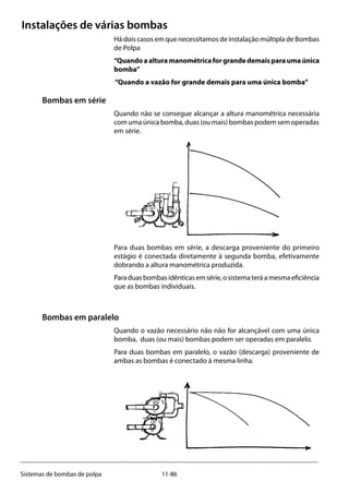 11-86Sistemas de bombas de polpa
Instalações de várias bombas
Há dois casos em que necessitamos de instalação múltipla de Bombas
de Polpa
“Quandoaalturamanométricaforgrandedemaisparaumaúnica
bomba”
“Quando a vazão for grande demais para uma única bomba”
Bombas em série
Quando não se consegue alcançar a altura manométrica necessária
com uma única bomba, duas (ou mais) bombas podem sem operadas
em série.
				
Para duas bombas em série, a descarga proveniente do primeiro
estágio é conectada diretamente à segunda bomba, efetivamente
dobrando a altura manométrica produzida.
Paraduasbombasidênticasemsérie,osistemateráamesmaeficiência
que as bombas individuais.
Bombas em paralelo
Quando o vazão necessário não não for alcançável com uma única
bomba, duas (ou mais) bombas podem ser operadas em paralelo.
Para duas bombas em paralelo, o vazão (descarga) proveniente de
ambas as bombas é conectado à mesma linha.
				
 