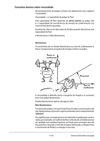 11-87 Sistemas de bombas de polpa
Conceitos básicos sobre viscosidade
No bombeamento de polpas, sempre nos deparamos com a palavra
‘viscosidade’.
Viscosidade = a capacidade da polpa de‘fluir’.
Esta capacidade de fluir depende do atrito interno na polpa, isto
é, a capacidade de transferência de tensão de cisalhamento (ou
movimento) dentro da polpa.
Geralmente, fala-se em dois tipos de fluídos quando discutimos esta
capacidade de fluir:
o Newtoniano e o Não-Newtoniano
Newtoniano
O movimento de um fluído Newtoniano ou taxa de cisalhamento é
linear e proporcional ao aporte de energia cinética na polpa.
A viscosidade é definida como a tangente do ângulo e é constante
para uma polpa Newtoniana.
Fluídos Newtonianos típicos são água e óleo.
Não-Newtonianos
A maioria das polpas com partículas finas em altas concentrações são
não-Newtonianasepossuemoqueéconhecidocomocomportamento
“plástico”.
Isto significa que a energia precisa ser‘colocada’na polpa para iniciar a
vazão, por exemplo: um sedimento fino no fundo de um balde precisa
ser ajudado com batidas/impactos ao fundo para conseguir que ele
flua para fora. Quando o nível de energia é alcançado, a relação entre
o movimento do fluído e a energia é uma reta.
Tensão de
cisalhamento
Viscosidade
Taxa de
cisalhamento
 