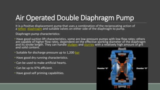 Air Operated Double Diaphragm Pump
It is a Positive displacement pump that uses a combination of the reciprocating action of
a teflon diaphragm and suitable valves on either side of the diaphragm to pump.
Diaphragm pump characteristics:
• Have good suction lift characteristics, some are low pressure pumps with low flow rates; others
are capable of higher flow rates, dependent on the effective working diameter of the diaphragm
and its stroke length. They can handle sludges and slurries with a relatively high amount of grit
and solid content.
• Suitable for discharge pressure up to 1,200 bar
• Have good dry running characteristics.
• Can be used to make artificial hearts.
• Can be up to 97% efficient.
• Have good self priming capabilities.
 