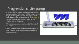 Progressive cavity pump
• It moves fluid by means of rotor turning within
stationary stator. It transfers fluid by means of the
progress, through the pump, of a sequence of
small, fixed shape, discrete cavities, as its rotor is
turned. The flow rate is proportional to the
rotation rate of the pump.
• This action squeezes material out of the end of
the pump.
• These are frequently used to pump sludge. It is
used to meter large volumes of chemicals in a
precise manner.
 