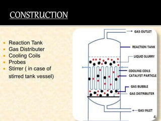  Reaction Tank
 Gas Distributer
 Cooling Coils
 Probes
 Stirrer ( in case of
stirred tank vessel)
4
 