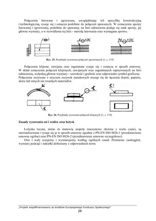 „Projekt współfinansowany ze środków Europejskiego Funduszu Społecznego”
28
Połączenia lutowane i zgrzewane, uwzględniając ich specyfikę konstrukcyjną
i technologiczną, rysuje się i oznacza podobnie do połączeń spawanych. W oznaczeniu spoiny
lutowanej i zgrzewanej, podobnie do spawanej, na linii odniesienia podaje się znak spoiny, jej
główne wymiary, a w rozwidleniu tej linii - metodę lutowania oraz wymagane spoiwo.
Rys. 25. Przykłady rysowania połączeń zgrzewanych [1, s. 119]
Połączenia klejone, zawijane oraz zagniatane rysuje się i oznacza w sposób umowny.
W skład oznaczenia połączeń klejonych, zawijanych oraz zagniatanych zapisywanych na linii
odniesienia, wchodzą główne wymiary - szerokość i grubość oraz odpowiedni symbol graficzny.
Połączenia zszywane z użyciem zszywek metalowych stosuje się do łączenia tkanin, papieru,
skóry lub innych nie twardych materiałów.
Rys. 26. Przykłady rysowania połączeń klejonych [1, s. 119]
Zasady rysowania osi i wałów oraz łożysk
Łożyska toczne, mimo że stanowią zespoły maszynowe złożone z wielu części, są
znormalizowane i rysuje się je w sposób umowny zgodnie z PN-EN ISO 8826-1 (przedstawienie
umowne ogólne) oraz PN-EN ISO 8826-2 (przedstawienie umowne szczegółowe).
Osie i wały rysujemy i wymiarujemy według ogólnych zasad. Promienie zaokrągleń,
wymiary podcięć i nakiełki dobieramy z odpowiednich norm.
 