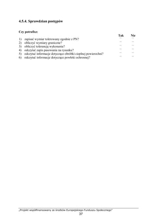 „Projekt współfinansowany ze środków Europejskiego Funduszu Społecznego”
37
4.5.4. Sprawdzian postępów
Czy potrafisz:
Tak Nie
1) zapisać wymiar tolerowany zgodnie z PN? ¨ ¨
2) obliczyć wymiary graniczne? ¨ ¨
3) obliczyć tolerancję wykonania? ¨ ¨
4) odczytać zapis pasowania na rysunku? ¨ ¨
5) odczytać informacje dotyczące obróbki cieplnej powierzchni? ¨ ¨
6) odczytać informacje dotyczące powłoki ochronnej? ¨ ¨
 