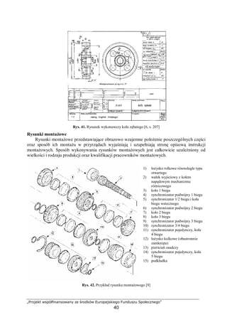 „Projekt współfinansowany ze środków Europejskiego Funduszu Społecznego”
40
Rys. 41. Rysunek wykonawczy koła zębatego [6, s. 207]
Rysunki montażowe
Rysunki montażowe przedstawiające obrazowo wzajemne położenie poszczególnych części
oraz sposób ich montażu w przyrządach wyjaśniają i uzupełniają stronę opisową instrukcji
montażowych. Sposób wykonywania rysunków montażowych jest całkowicie uzależniony od
wielkości i rodzaju produkcji oraz kwalifikacji pracowników montażowych.
Rys. 42. Przykład rysunku montażowego [9]
1) łożysko rolkowe równolegle typu
otwartego
2) wałek wyjściowy z kołem
napędowym mechanizmu
różnicowego
3) koło 1 biegu
4) synchronizator podwójny 1 biegu
5) synchronizator 1/2 biegu i koła
biegu wstecznego
6) synchronizator podwójny 2 biegu
7) koło 2 biegu
8) koło 3 biegu
9) synchronizator podwójny 3 biegu
10) synchronizator 3/4 biegu
11) synchronizator pojedynczy, koła
4 biegu
12) łożysko kulkowe (obustronnie
zamknięte)
13) pierścień osadczy
14) synchronizator pojedynczy, koła
5 biegu
15) podkładka
 