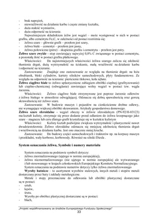 „Projekt współfinansowany ze środków Europejskiego Funduszu Społecznego"
33
− brak naprężeń,
− niewrażliwość na działanie karbu i częste zmiany kształtu,
− duża stałość wymiarów,
− duża odporność na ścieranie.
Najważniejszym składnikiem żeliw jest węgiel – może występować w nich w postaci
grafitu, albo cementytu Fe3C, w zależności od postaci rozróżnia się:
− żeliwa szare – głównie grafit – przełom jest szary,
− żeliwa białe – cementyt – przełom jest jasny,
− żeliwa połowiczne (pstre) – skupienia grafitu i cementytu – przełom jest pstry.
Żeliwo szare zwykłe - stop zawierający najwyżej 0,8% C związanego w postaci cementytu,
a pozostałą ilość w postaci grafitu płatkowego.
Właściwości: Do najistotniejszych właściwości żeliwa szarego zalicza się zdolność
tłumienia drgań, dużą wytrzymałość na ściskanie, małą wrażliwość na działanie karbu
i odporność na ścieranie.
Zastosowanie: Znajduje ono zastosowanie ze względu na tłumienie drgań: na łoża
obrabiarek, bloki cylindrów, kartery silników samochodowych, płyty fundamentowe. Ze
względu na odporność na ścieranie: pierścienie tłokowe, koła zębate.
Żeliwo ciągliwe białe to żeliwo uplastycznione zabiegiem obróbki cieplnej (grafityzowanie)
lub cieplno-chemicznej (odwęglanie) zawierające wolny węgiel w postaci tzw. węgla
żarzenia.
Właściwości: Żeliwo ciągliwe białe otrzymywane jest poprzez żarzenie odlewów
z żeliwa białego w atmosferze odwęglającej. Odznacza się dobrą spawalnością oraz gorszą
skrawalnością niż żeliwo szare.
Zastosowanie: W budowie maszyn i pojazdów na cienkościenne drobne odlewy,
nie wymagające większej obróbki skrawaniem. Artykuły gospodarstwa domowego.
Żeliwo szare sferoidalne - węgiel obecny w żeliwie sferoidalnym (PN-92/H-83123)
ma kształt kulisty, otrzymuje się przez dodanie przed odlaniem do żeliwa krzepnącego jako
szare – magnezu lub ceru dlatego grafit krystalizuje się w kształcie kulistym
Właściwości: Kulisty kształt podwójnie zwiększa wytrzymałość i plastyczność nawet
dwudziestokrotnie. Żeliwo sferoidalne odznacza się mniejszą zdolnością tłumienia drgań
i wrażliwością na działanie karbu. Jest ono znacznie mniej kruche.
Zastosowanie: Do budowy części samochodowych i traktorów np. na korpusy maszyn
i przekładni, wały korbowe, korbowody. Również na silniki Diesla .
System oznaczania żeliwa, Symbole i numery materiału
System oznaczania na podstawie symboli dotyczy:
− żeliwa znormalizowanego (ujętego w normie europejskiej),
− żeliwa nieznormalizowanego (nie ujętego w normie europejskiej ale wytwarzanego
i/lub stosowanego w krajach członkowskich Europejskiego Komitetu Normalizacyjnego.
System oznaczania na podstawie numerów dotyczy tylko żeliwa znormalizowanego
Wyroby hutnicze – to asortyment wyrobów stalowych, innych metali i stopów metali
dostarczany przez huty i zakłady metalurgiczne.
Metale i stopy przeznaczane do odlewania lub obróbki plastycznej dostarczane
są w postaci:
− sztab,
− kęsów,
− śrutu.
Wyroby po obróbce plastycznej dostarczane są w postaci:
− blach,
 