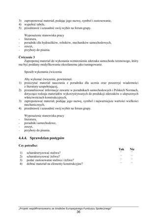 „Projekt współfinansowany ze środków Europejskiego Funduszu Społecznego"
36
3) zaproponować materiał, podając jego nazwę, symbol i zastosowanie,
4) wypełnić tabele,
5) przedstawić i uzasadnić swój wybór na forum grupy.
Wyposażenie stanowiska pracy
− literatura,
− poradniki dla hydraulików, rolników, mechaników samochodowych,
− zeszyt,
− przybory do pisania.
Ćwiczenie 3
Zaproponuj materiał do wykonania wzmocnienia zderzaka samochodu terenowego, który
ma być poddany modyfikowaniu określanemu jako tuningowanie.
Sposób wykonania ćwiczenia
Aby wykonać ćwiczenie, powinieneś:
1) przeczytać materiał nauczania z poradnika dla ucznia oraz poszerzyć wiadomości
z literatury uzupełniającej,
2) przeanalizować informacje zawarte w poradnikach samochodowych i Polskich Normach,
dotyczące rodzaju materiałów wykorzystywanych do produkcji zderzaków o ulepszonych
właściwościach konstrukcyjnych,
3) zaproponować materiał, podając jego nazwę, symbol i najważniejsze wartości wielkości
mechanicznych,
4) przedstawić i uzasadnić swój wybór na forum grupy.
Wyposażenie stanowiska pracy
− literatura,
− poradniki samochodowe,
− zeszyt,
− przybory do pisania.
4.4.4. Sprawdzian postępów
Czy potrafisz:
Tak Nie
1) scharakteryzować staliwa? ¨ ¨
2) scharakteryzować żeliwa? ¨ ¨
3) podać zastosowanie staliwa i żeliwa? ¨ ¨
4) dobrać materiał na elementy konstrukcyjne? ¨ ¨
 