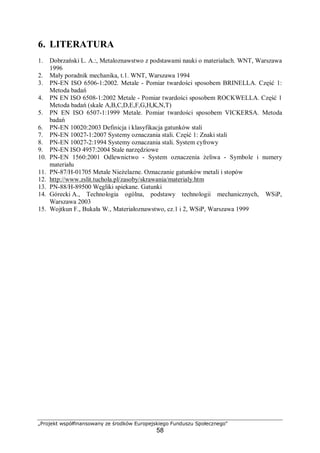 „Projekt współfinansowany ze środków Europejskiego Funduszu Społecznego"
58
6. LITERATURA
1. Dobrzański L. A.:, Metaloznawstwo z podstawami nauki o materiałach. WNT, Warszawa
1996
2. Mały poradnik mechanika, t.1. WNT, Warszawa 1994
3. PN-EN ISO 6506-1:2002. Metale - Pomiar twardości sposobem BRINELLA. Część 1:
Metoda badań
4. PN EN ISO 6508-1:2002 Metale - Pomiar twardości sposobem ROCKWELLA. Część 1
Metoda badań (skale A,B,C,D,E,F,G,H,K,N,T)
5. PN EN ISO 6507-1:1999 Metale. Pomiar twardości sposobem VICKERSA. Metoda
badań
6. PN-EN 10020:2003 Definicja i klasyfikacja gatunków stali
7. PN-EN 10027-1:2007 Systemy oznaczania stali. Część 1: Znaki stali
8. PN-EN 10027-2:1994 Systemy oznaczania stali. System cyfrowy
9. PN-EN ISO 4957:2004 Stale narzędziowe
10. PN-EN 1560:2001 Odlewnictwo - System oznaczenia żeliwa - Symbole i numery
materiału
11. PN-87/H-01705 Metale Nieżelazne. Oznaczanie gatunków metali i stopów
12. http://www.zslit.tuchola.pl/zasoby/skrawania/materialy.htm
13. PN-88/H-89500 Węgliki spiekane. Gatunki
14. Górecki A., Technologia ogólna, podstawy technologii mechanicznych, WSiP,
Warszawa 2003
15. Wojtkun F., Bukała W., Materiałoznawstwo, cz.1 i 2, WSiP, Warszawa 1999
 