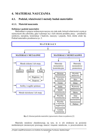 „Projekt współfinansowany ze środków Europejskiego Funduszu Społecznego"
7
4. MATERIAŁ NAUCZANIA
4.1. Podział, właściwości i metody badań materiałów
4.1.1. Materiał nauczania
Definicja i podział materiałów
Materiałami w pojęciu technicznym nazywa się ciała stałe, których właściwości czynią je
użytecznymi dla człowieka, gdyż wykonuje się z nich złożone produkty pracy – przedmioty
użytkowe, narzędzia, konstrukcje i budowle, maszyny i pojazdy, broń, dzieła sztuki itp.
Podział materiałów przedstawia rys. 2.
Rys. 2. Schemat podziału materiałów [opracowanie własne na podstawie [2]
Materiały metalowe charakteryzują się tym, że w ich strukturze na poziomie
molekularnym (atomowym) przewagę stanowi wiązanie metaliczne, w przeciwieństwie do
M A T E R I A Ł Y
MATERIAŁY METALOWE MATERIAŁY NIEMETALOWE
Materiały
niemetalowe
konstrukcyjne
Materiały
niemetalowe
pomocnicze
Żeliwa Staliwa Stale
Węglowe
Stopowe
Metale żelazne i ich stopy
Stellity i węgliki spiekane
Metale nieżelazne i ich stopy
Drewno
Tworzywa
sztuczne
Guma
Szkło
Spieki
ceramiczne
Wyroby
ceramiczne
Wyroby
z tworzyw
węglowych
Leizna
kamienna
Wyroby
lakierowe
Kity
Kleje
Wytwory
papiernicze
Skóry
Inne
materiały
niemetalowe
Paliwa
 