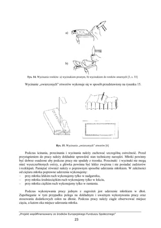 „Projekt współfinansowany ze środków Europejskiego Funduszu Społecznego”
23
a)
b)
Rys. 14. Wycinanie rowków: a) wycinakiem prostym, b) wycinakiem do rowków smarnych [3, s. 33]
Wycinanie „owierconych” otworów wykonuje się w sposób przedstawiony na rysunku 15.
Rys. 15. Wycinanie „owierconych” otworów [6]
Podczas ścinania, przecinania i wycinania należy zachować szczególną ostrożność. Przed
przystąpieniem do pracy należy dokładnie sprawdzić stan techniczny narzędzi. Młotki powinny
być dobrze osadzone aby podczas pracy nie spadały z trzonka. Przecinaki i wycinaki nie mogą
mieć wyszczerbionych ostrzy, a główka powinna być lekko zwężona i nie posiadać zadziorów
i rozklepań. Pamiętać również należy o poprawnym sposobie uderzania młotkiem. W zależności
od ciężaru młotka poprawne uderzenia wykonujemy:
– przy młotku lekkim ruch wykonujemy tylko w nadgarstku,
– przy młotku średniociężkim ruch wykonujemy tylko w łokciu,
– przy młotku ciężkim ruch wykonujemy tylko w ramieniu.
Podczas wykonywania pracy jednym z zagrożeń jest uderzenie młotkiem w dłoń.
Zapobieganie w tym przypadku polega na dokładnym i uważnym wykonywaniu pracy oraz
stosowaniu dodatkowych osłon na dłonie. Podczas pracy należy ciągle obserwować miejsce
cięcia, a katem oka miejsce uderzania młotka.
 