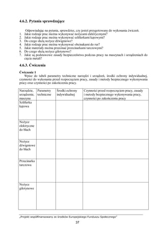 „Projekt współfinansowany ze środków Europejskiego Funduszu Społecznego”
37
4.6.2. Pytania sprawdzające
Odpowiadając na pytania, sprawdzisz, czy jesteś przygotowany do wykonania ćwiczeń.
1. Jakie rodzaje prac można wykonywać nożycami elektrycznymi?
2. Jakie rodzaje prac można wykonywać szlifierkami kątowymi?
3. Do czego służą nożyce dźwigniowe?
4. Jakie rodzaje prac można wykonywać obcinakami do rur?
5. Jakie materiały można przecinać przecinarkami tarczowymi?
6. Do czego służą nożyce gilotynowe?
7. Jakie są podstawowe zasady bezpieczeństwa podczas pracy na maszynach i urządzeniach do
cięcia metali?
4.6.3. Ćwiczenia
Ćwiczenie 1
Wpisz do tabeli parametry techniczne narzędzi i urządzeń, środki ochrony indywidualnej,
czynności do wykonania przed rozpoczęciem pracy, zasady i metody bezpiecznego wykonywania
pracy oraz czynności po zakończeniu pracy.
Narzędzie,
urządzenie,
maszyna
Parametry
techniczne
Środki ochrony
indywidualnej
Czynności przed rozpoczęciem pracy, zasady
i metody bezpiecznego wykonywania pracy,
czynności po zakończeniu pracy
Szlifierka
kątowa
Nożyce
elektryczne
do blach
Nożyce
dźwigniowe
do blach
Przecinarka
tarczowa
Nożyce
gilotynowe
 