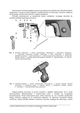 „Projekt współfinansowany ze środków Europejskiego Funduszu Społecznego”
11
Zastosowanie wiertarek napędem ręcznym jest podczas prowadzenia prac ślusarskich bardzo
ograniczone. Z uwagi na małą wydajność i wysiłek fizyczny, towarzyszący wierceniu, nadają się
do doraźnego wykonywania otworów o małych średnicach.
Wiertarki pneumatyczne są narzędziami bardzo wydajnymi, wymagają natomiast do
zasilania instalacji sprężonego powietrza.
Rys. 5. Wiertarko-wkrętarka: 1 – uchwyt samocentrujący trójszczękowy, 2 – pierscień regulacji momentu
obrotowego, 3 – przełącznik biegu, 4 – włącznik główny, 5 – przełącznik kierunku obrotów,
6 – akumulator, 7 – przycisk odblokowujący akumutator
Najpowszechniej stosowane są ręczne wiertarki o napędzie elektrycznym. Są to wciąż
unowocześniane elektronarzędzia o zróżnicowanej mocy i różniące się szczegółami
konstrukcyjnymi. Przed rozpoczęciem pracy należy upewnić się, czy wszystkie przełączniki
funkcji wiertarki znajdują się we właściwym położeniu. W typowych wiertarkach istnieje
możliwość: zmiany kierunku obrotów wrzeciona, wiercenia zwykłego lub udarowego, wyboru
Rys. 4. Wiertarka elektryczna: 1 – uchwyt samocentrujący trójszczękowy z pierścieniem blokującym,
2 – przełącznik wiercenienia zwykłego i udarowego, 3 – wloty wentylacyjne, 4 – ogranicznik
głębokości wiercenia, 5 – uchwyt pomocniczy, 6 – śruba mocująca uchwyt pomocniczy, 7 – przełącznik
kierunku obrotów, 8 – pokrętło ogranicznika prędkości obrotowej, 9 – włącznik główny, 10 – przycisk
blokady włącznika głównego
 