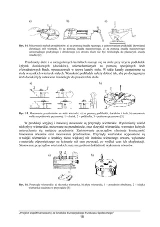 „Projekt współfinansowany ze środków Europejskiego Funduszu Społecznego”
18
Rys. 14. Mocowanie małych przedmiotów: a) za pomocą imadła ręcznego, z zastosowaniem podkładki drewnianej
chroniącej stół wiertarki, b) za pomocą imadła maszynowego, c) za pomocą imadła maszynowego
uniwersalnego pochylnego i obrotowego (oś otworu może nie być równoległa do płaszczyzn szczęk
imadła) [2]
Przedmioty duże i o nieregularnych kształtach mocuje się na stole przy użyciu podkładek
i płytek dociskowych (docisków), unieruchamianych za pomocą specjalnych śrub
o kwadratowych łbach, wpuszczonych w teowe kanały stołu. W takie kanały zaopatrzone są
stoły wszystkich wiertarek stałych. Wysokość podkładek należy dobrać tak, aby po dociągnięciu
śrub dociski były ustawione równolegle do powierzchni stołu.
Rys. 15. Mocowanie przedmiotów na stole wiertarki: a) za pomocą podkładek, docisków i śrub, b) mocowanie
wałka na podstawie pryzmowej: 1 – docisk, 2 – podkładka, 3 – podstawa pryzmowa [5]
W produkcji seryjnej i masowej stosowane są przyrządy wiertarskie. Wyróżniamy wśród
nich płyty wiertarskie, mocowane na przedmiocie, oraz skrzynki wiertarskie, wewnątrz których
unieruchamia się mniejsze przedmioty. Zastosowanie przyrządów eliminuje konieczność
trasowania otworów oraz mocowania przedmiotów. Przyrządy wiertarskie wyposażone są
w tulejki wiertarskie o średnicy nieco większej niż średnica wierconego otworu, wykonane
z materiału odporniejszego na ścieranie niż sam przyrząd, co wydłuż czas ich eksploatacji.
Stosowanie przyrządów wiertarskich znacznie podnosi dokładność wykonania otworów.
Rys. 16. Przyrządy wiertarskie: a) skrzynka wiertarska, b) płyta wiertarska, 1 – przedmiot obrabiany, 2 – tulejka
wiertarska osadzona w przyrządzie [5]
a) b)
a) b)
a) b) c)
 
