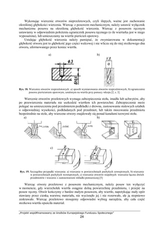„Projekt współfinansowany ze środków Europejskiego Funduszu Społecznego”
24
Wykonując wiercenie otworów nieprzelotowych, czyli ślepych, ważne jest zachowanie
określonej głębokości wiercenia. Wiercąc z posuwem mechanicznym, należy ustawić wyłącznik
mechanizmu posuwu na określoną głębokość wiercenia. Wiercąc z posuwem ręcznym
ustawiamy w odpowiednim położeniu ogranicznik posuwu ręcznego (o ile wiertarka jest w niego
wyposażona), lub umieszczamy na wiertle pierścień oporowy.
Ustalając głębokość wiercenia należy pamiętać, że zwymiarowana w dokumentacji
głębokość otworu jest to głębokość jego części walcowej i nie wlicza się do niej stożkowego dna
otworu, uformowanego przez koniec wiertła.
Rys. 18. Wiercenie otworów nieprzelotowych: a) sposób wymiarowania otworów nieprzelotowych, b) ograniczenie
posuwu pierścieniem oporowym, ustalonym na wiertle przy pomocy wkręta [2, s. 3]
Wiercenie otworów przelotowych wymaga zabezpieczenia stołu, imadła lub uchwytów, aby
po przewierceniu materiału nie uszkodzić wiertłem ich powierzchni. Zabezpieczenie może
polegać na umieszczeniu pod przedmiotem podkładki z drewna, zastosowaniu stalowych sztabek
o odpowiedniej wysokości, podkładanych pod przedmiot, lub takim mocowaniu przedmiotu
bezpośrednio na stole, aby wiercone otwory znajdowały się ponad kanałami teowymi stołu.
Rys. 19. Szczególne przypadki wiercenia: a) wiercenie w powierzchniach pochyłych zewnętrznych, b) wiercenie
w powierzchniach pochyłych wewnętrznych, c) wiercenie otworów niepełnych: wiercenie łączne dwóch
przedmiotów i wiecenie z zastosowaniem wkładki pomocniczej [5]
Wiercąc otwory przelotowe z posuwem mechanicznym, należy posuw ten wyłączyć
w momencie, gdy wierzchołek wiertła osiągnie dolną powierzchnię przedmiotu, i przejść na
posuw ręczny. Otwór kończymy z bardzo małym posuwem, aby wiertło, napotykając mały opór
stawiany przez cienką warstwę materiału, nie wycisnęło jej i nie rozerwało, ale ją stopniowo
zeskrawało. Wiercąc przelotowo stosujemy odpowiedni wybieg narzędzia, aby cała część
stożkowa wiertła opuściła materiał.
a)
c)
b)
a) b)
 