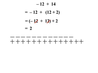 – 12 + 14
= – 12 + (12 + 2)
= (– 12 + 12) + 2
= 2
 