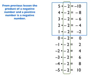 From previous lesson the
  product of a negative
                            5 • – 2 = –10
 number and a positive      4•–2= –8
  number is a negative
        number.             3•–2= –6
                            2•–2= –4
                            1 • – 2 = –2
                            0•–2= 0
                           –1 • – 2 = 2
                           –2 • – 2 = 4
                           –3 • – 2 = 6
                           –4 • – 2 = 8
                           –5 • – 2 = 10
 