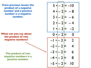 From previous lesson the
  product of a negative
                            5 • – 2 = –10
 number and a positive      4•–2= –8
  number is a negative
        number.             3•–2= –6
                            2•–2= –4
                            1 • – 2 = –2
What can you say about
 the product of two
                            0•–2= 0
 negative numbers?         –1 • – 2 = 2
                           –2 • – 2 = 4
   The product of two      –3 • – 2 = 6
  negative numbers is a
    positive number.       –4 • – 2 = 8
                           –5 • – 2 = 10
 