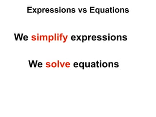 Expressions vs Equations


We simplify expressions

  We solve equations
 