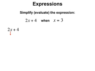 Expressions
              Simplify (evaluate) the expression:

                 2x + 4    when    x=3
     2x + 4
 