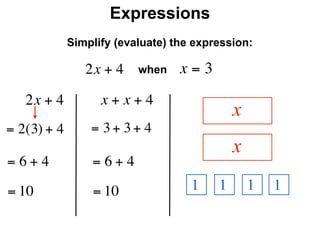 Expressions
              Simplify (evaluate) the expression:

                 2x + 4    when    x=3
     2x + 4         x + x + 4
                                              x
= 2(3) + 4        = 3 + 3 + 4
                                              x
=6+4              =6+4
= 10              = 10               1    1       1   1
 