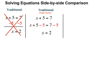 Solving Equations Side-by-side Comparison
Traditional:      Traditional:
                  Proper Syntax


x+5=7            x+5=7
 −5   −5       x+5−5= 7−5
   x=2              x=2
 