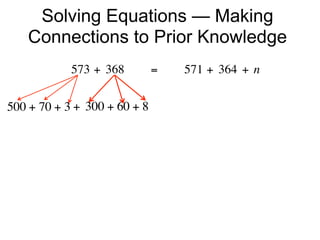 Solving Equations — Making
   Connections to Prior Knowledge
            573 + 368        =        571 + 364 + n


500 + 70 + 3 + 300 + 60 + 8
 