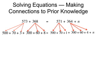 Solving Equations — Making
    Connections to Prior Knowledge
             573 + 368        =        571 + 364 + n


500 + 70 + 3 + 300 + 60 + 8 =  500 + 70 + 1 + 300 + 60 + 4 + n
 