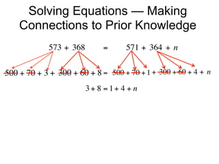 Solving Equations — Making
    Connections to Prior Knowledge
             573 + 368        =        571 + 364 + n


500 + 70 + 3 + 300 + 60 + 8 =  500 + 70 + 1 + 300 + 60 + 4 + n
                        3+ 8 = 1+ 4 + n
 