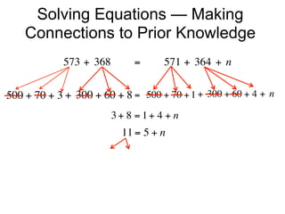 Solving Equations — Making
    Connections to Prior Knowledge
             573 + 368        =        571 + 364 + n


500 + 70 + 3 + 300 + 60 + 8 =  500 + 70 + 1 + 300 + 60 + 4 + n
                        3+ 8 = 1+ 4 + n
                          11 = 5 + n
 