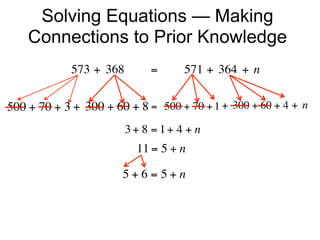 Solving Equations — Making
    Connections to Prior Knowledge
             573 + 368        =        571 + 364 + n


500 + 70 + 3 + 300 + 60 + 8 =  500 + 70 + 1 + 300 + 60 + 4 + n
                        3+ 8 = 1+ 4 + n
                          11 = 5 + n

                       5+6=5+n
 