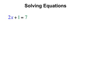 Solving Equations

2x + 1 = 7
 