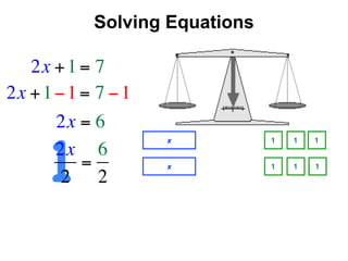 Solving Equations

   2x + 1 = 7
2x + 1 − 1 = 7 − 1
       2x = 6

      1
                     x          1   1   1
       2x 6
           =         x          1   1   1
        2 2
 