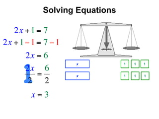 Solving Equations

   2x + 1 = 7
2x + 1 − 1 = 7 − 1
       2x = 6

      1
                     x          1   1   1
       2x 6
           =         x          1   1   1
        2 2
         x=3
 