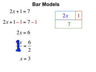 Bar Models
   2x + 1 = 7
                             2x   1
2x + 1 − 1 = 7 − 1            7
       2x = 6


      12x 6
         =
       2 2
        x=3
 
