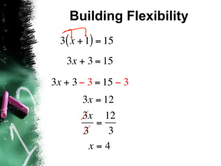 Building Flexibility
  3( x + 1) = 15
   3x + 3 = 15

3x + 3 − 3 = 15 − 3
       3x = 12
       3x 12
          =
       3     3
        x=4
 