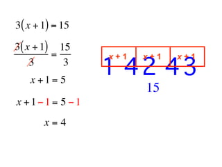 3( x + 1) = 15

3( x + 1) 15
         =
    3      3                       
                 1 42 43
                  x+1   x+1   x+1

   x +1= 5
                        15
x +1−1 = 5 −1
       x=4
 