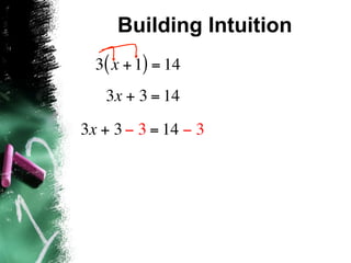 Building Intuition
  3( x + 1) = 14
   3x + 3 = 14
3x + 3 − 3 = 14 − 3
 