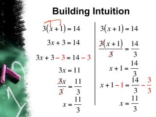 Building Intuition
  3( x + 1) = 14      3( x + 1) = 14
   3x + 3 = 14        3( x + 1) 14
                               =
3x + 3 − 3 = 14 − 3       3       3
                                 14
       3x = 11            x +1=
                                  3
       3x 11                     14 3
          =           x +1−1 =      −
       3     3                    3 3
            11                   11
        x=                    x=
             3                    3
 