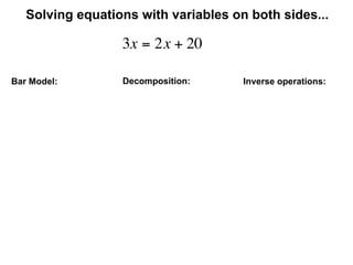 Solving equations with variables on both sides...

                  3x = 2x + 20

Bar Model:        Decomposition:      Inverse operations:
 