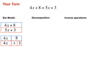 Your Turn:
                 4x + 8 = 5x + 3

Bar Model:        Decomposition:   Inverse operations:


 4x + 8
 5x + 3
4x           8
4x      x 3
 