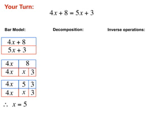 Your Turn:
                 4x + 8 = 5x + 3

Bar Model:        Decomposition:   Inverse operations:


 4x + 8
 5x + 3
 4x          8
 4x     x 3
 4x     5 3
 4x     x 3
∴  x = 5
 