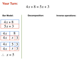 Your Turn:
                 4x + 8 = 5x + 3

Bar Model:        Decomposition:   Inverse operations:


 4x + 8
 5x + 3
 4x          8
 4x     x 3
 4x     5 3
 4x     x 3
∴  x = 5
 