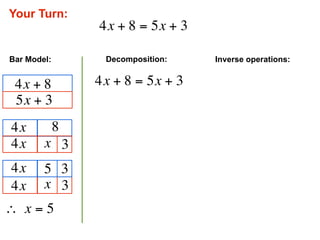 Your Turn:
                 4x + 8 = 5x + 3

Bar Model:        Decomposition:   Inverse operations:


 4x + 8          4x + 8 = 5x + 3
 5x + 3
 4x          8
 4x     x 3
 4x     5 3
 4x     x 3
∴  x = 5
 