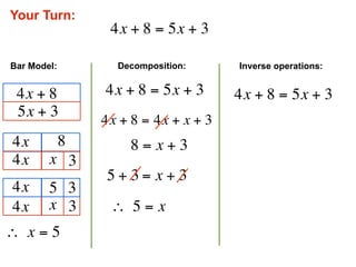 Your Turn:
                  4x + 8 = 5x + 3

Bar Model:         Decomposition:      Inverse operations:


 4x + 8          4x + 8 = 5x + 3       4x + 8 = 5x + 3
 5x + 3
                 4x + 8 = 4x + x + 3
 4x          8        8 = x + 3
 4x     x 3
                  5 + 3 = x + 3
 4x     5 3
 4x     x 3       ∴  5 = x
∴  x = 5
 