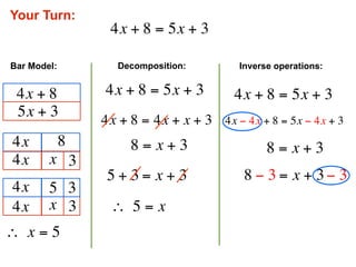 Your Turn:
                  4x + 8 = 5x + 3

Bar Model:         Decomposition:         Inverse operations:


 4x + 8          4x + 8 = 5x + 3        4x + 8 = 5x + 3
 5x + 3
                 4x + 8 = 4x + x + 3   4x − 4x + 8 = 5x − 4x + 3
 4x          8        8 = x + 3                 8 = x + 3
 4x     x 3
                  5 + 3 = x + 3           8 − 3 = x + 3 − 3
 4x     5 3
 4x     x 3       ∴  5 = x
∴  x = 5
 
