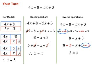 Your Turn:
                  4x + 8 = 5x + 3

Bar Model:         Decomposition:         Inverse operations:


 4x + 8          4x + 8 = 5x + 3        4x + 8 = 5x + 3
 5x + 3
                 4x + 8 = 4x + x + 3   4x − 4x + 8 = 5x − 4x + 3
 4x          8        8 = x + 3                 8 = x + 3
 4x     x 3
                  5 + 3 = x + 3           8 − 3 = x + 3 − 3
 4x     5 3
 4x     x 3       ∴  5 = x                      5 = x
∴  x = 5
 