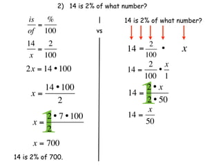 2) 14 is 2% of what number?

    is   %                        14 is 2% of what number?
       =
    of 100                 vs
    14   2                                2
       =                          14   =     •     x
     x 100                               100
                                        2 x
    2x = 14 • 100                 14 =    •
                                       100 1

     x=
        14 • 100
           2
                                   14 =
                                       12 • x  
                                        2 • 50
                                         x
      x=
        12 • 7 • 100
         2              
      x = 700
                                   14 =
                                        50



14 is 2% of 700.
 